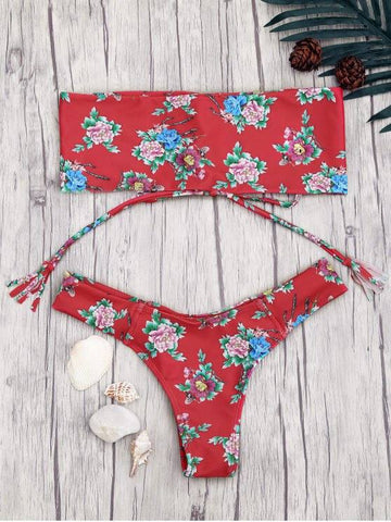 Red Lace Up Floral Print Bandeau Bikini Set