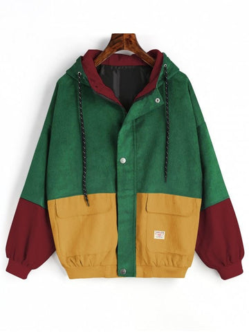 Green Hooded Color Block Corduroy Jacket