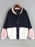 Navy Pink Hooded Color Block Corduroy Jacket 