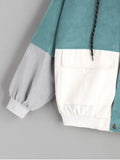 White Green Hooded Color Block Corduroy Jacket
