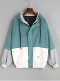 White Green Hooded Color Block Corduroy Jacket