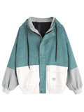 White Green Hooded Color Block Corduroy Jacket