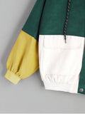 Fashion Green Hooded Color Block Corduroy Jacket