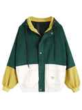 Fashion Green Hooded Color Block Corduroy Jacket