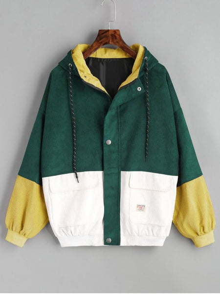 Fashion Green Hooded Color Block Corduroy Jacket