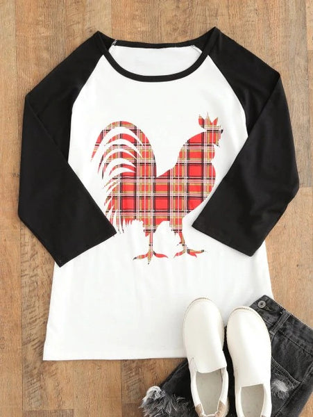 Romance Sleeve Plaid Rooster Print T-shirt