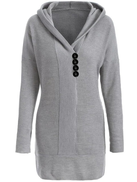 Trendy Hooded Buttoned Longline Sweater