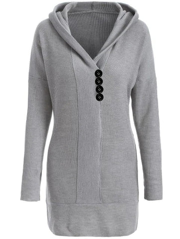 Trendy Hooded Buttoned Longline Sweater