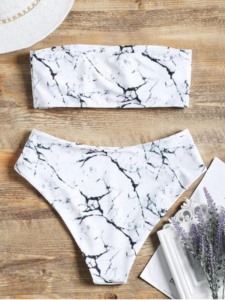 Print High Waist Marble Bandeau Bikini Set – Ncocon