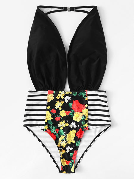 Striped Cutout One Piece Swimsuit