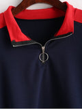 Navy Red Loose Color Block Half Zip Sweatshirt