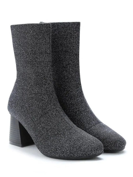 Silver Glitter Stretchy Sock Mid Calf Boots 