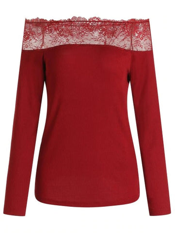 Wonderful Shoulder Lace Panel Ribbed Knitwear
