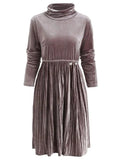 Vintage Sleeve Turtleneck Velvet Pleated Dress