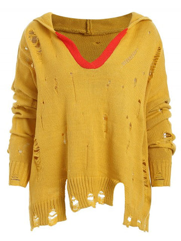Fashionable Sleeve Hooded Ripped Sweater