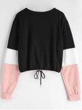 Cute Drawstring Color Block Pullover Sweatshirt