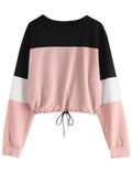 Cute Drawstring Color Block Pullover Sweatshirt