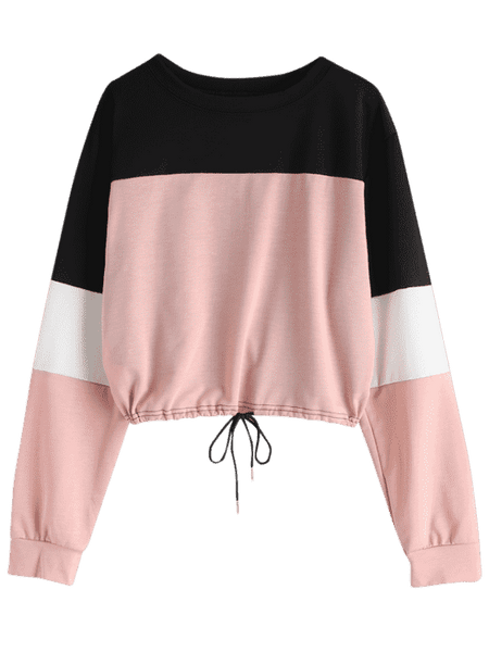 Cute Drawstring Color Block Pullover Sweatshirt