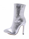 Silver Pointed Toe High Heel Short Boots