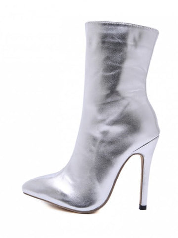 Silver Pointed Toe High Heel Short Boots