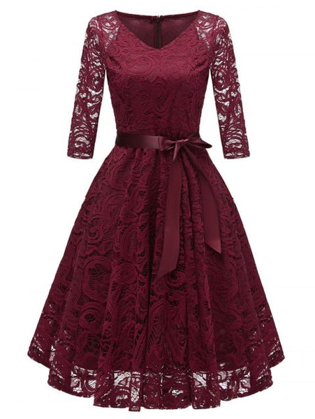 Pretty Bow Belted Lace Sewing Dress