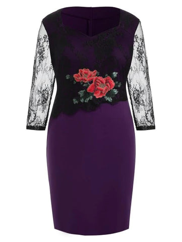 Plus Size Lace Panel Embroidered Bodycon Dress