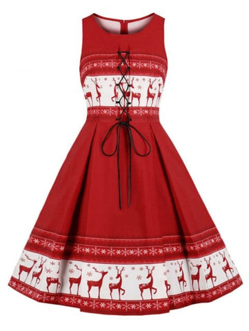 Modern Plus Size Christmas Elk Print Lace Up A Line Dress