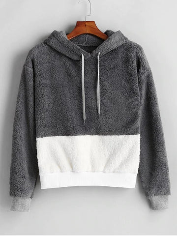 Warm Color Block Fluffy Faux Winter Hoodie