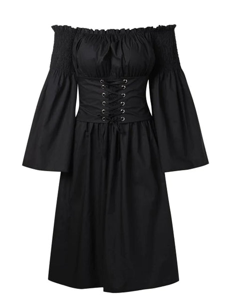 High quality Shoulder Bell Sleeve Lace Up Midi Dress