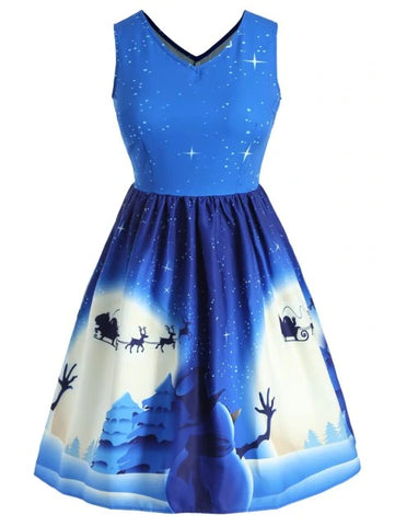 Plus Size Christmas Tree Print Sleeveless A Line Dress