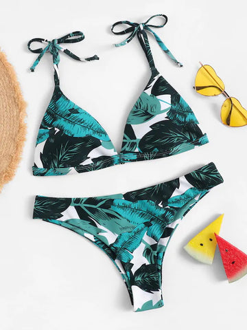 Tie Shoulder Leaf Print Bikini Set 