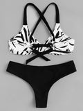 Black Leaf Print Thong Bikini Set