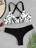 Black Leaf Print Thong Bikini Set 