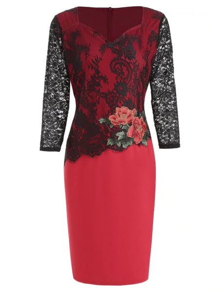 Elegant Embroidered Lace Panel Bodycon Dress