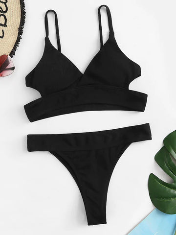 Black Cutout Halter Wrap Bikini Set