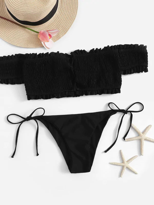Shirred Lace-up Bardot Bikini Set – Ncocon
