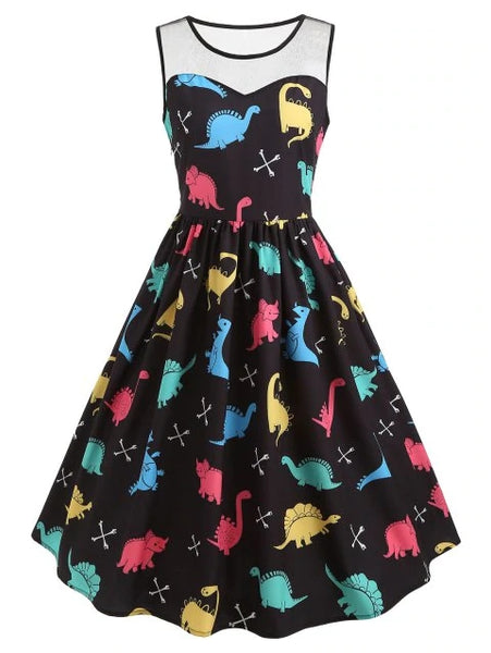 Pretty  Dinosaur Print Vintage Dress
