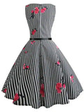 Unique Floral Striped Print Flare Dress