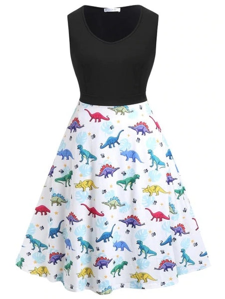 Plus Size Dinosaur Print Fit and Flare Dress