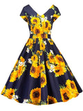 Marvelous Sleeve Sunflower Print Flare Dress