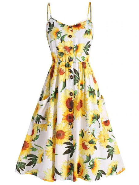 Luxurious Plus Size Sunflower Print A Line Dress