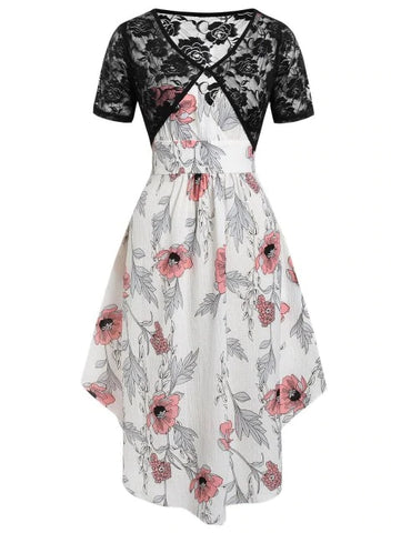 Plus Size Asymmetrical Floral Print Dress With Lace Top