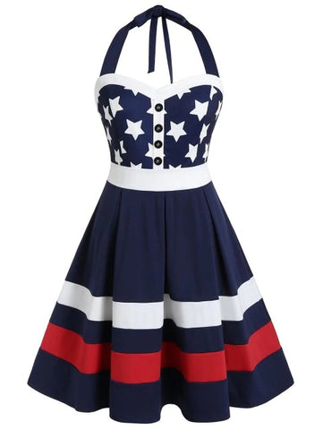 Modern Plus Size Halter American Flag Backless Vintage Dress