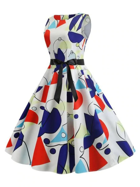 Simple Dot Geometric Belted Sleeveless Dress