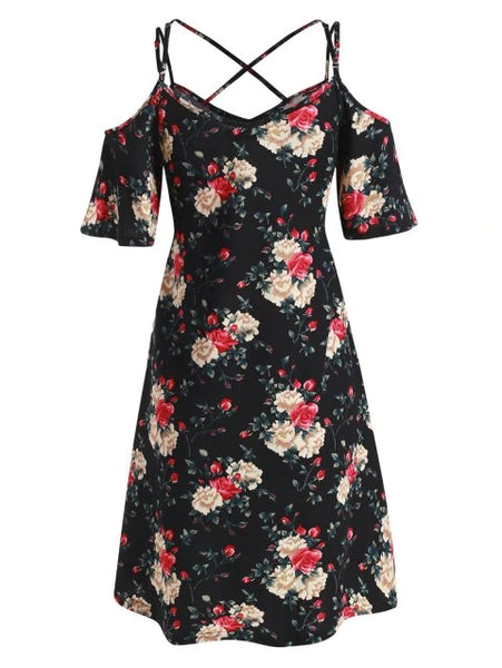 Pretty  Cross Floral Print Mini Cami Dress