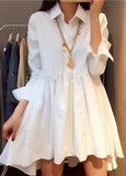 Fashion White High Low Turndown Collar Button Closure Dress