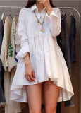 Fashion White High Low Turndown Collar Button Closure Dress