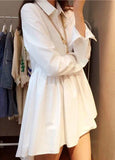 Fashion White High Low Turndown Collar Button Closure Dress