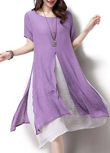 Pretty Purple Slit Faux Two Piece Dress