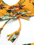 Printed Flower Ribbed Texture Lace Up Tassel String Yellow Bra Thong Bikini